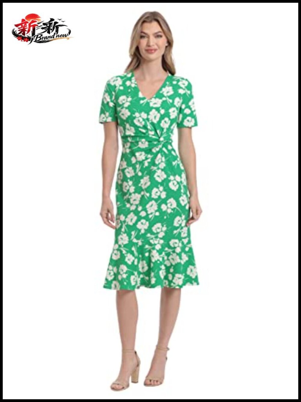 V-Neck Twist Waist Flounce Hem Dress - Knee Length Short Sleeve
